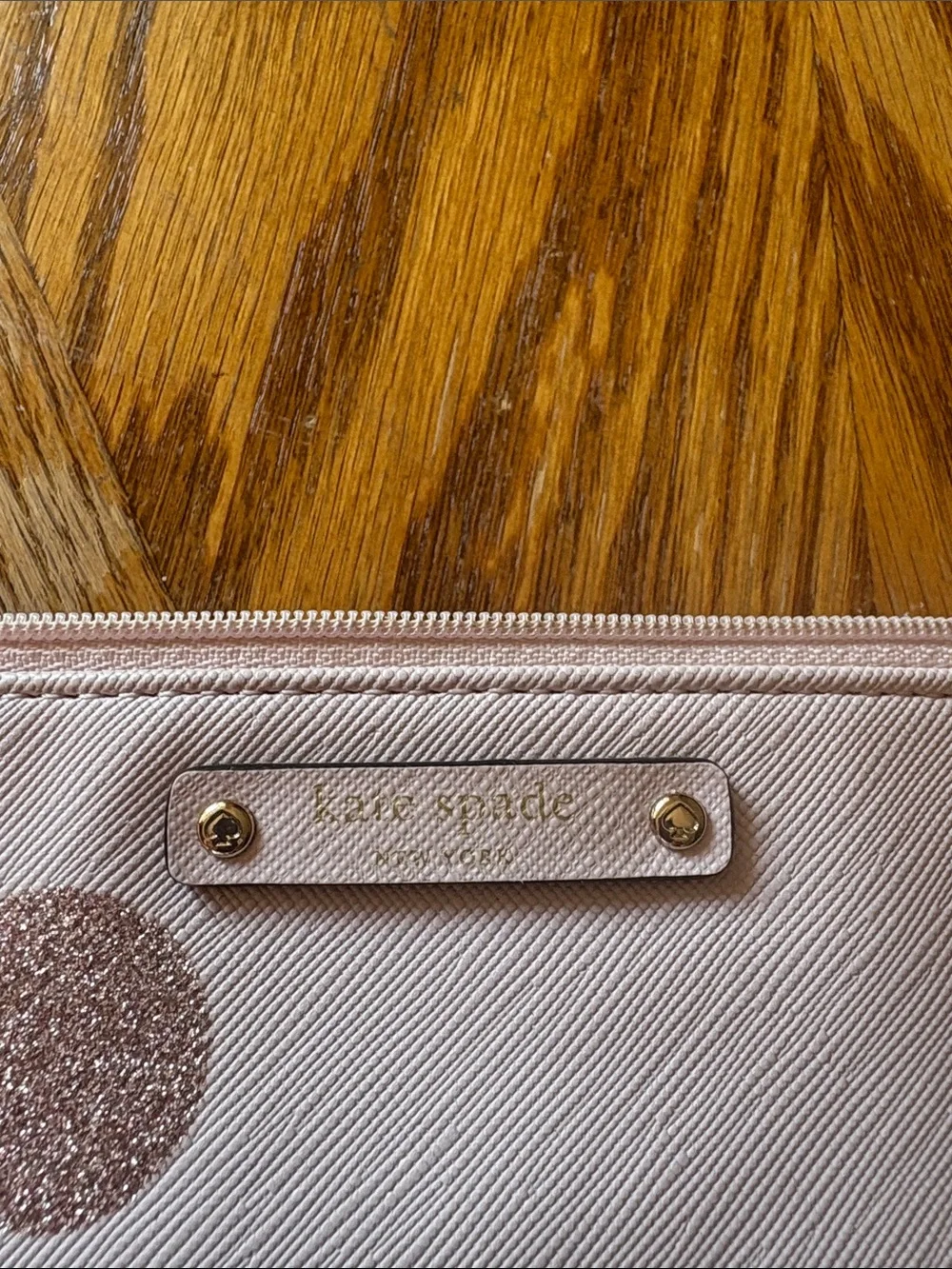 kate spade Pale Pink Cosmetic Pouch with Rose Gold Polka Dots